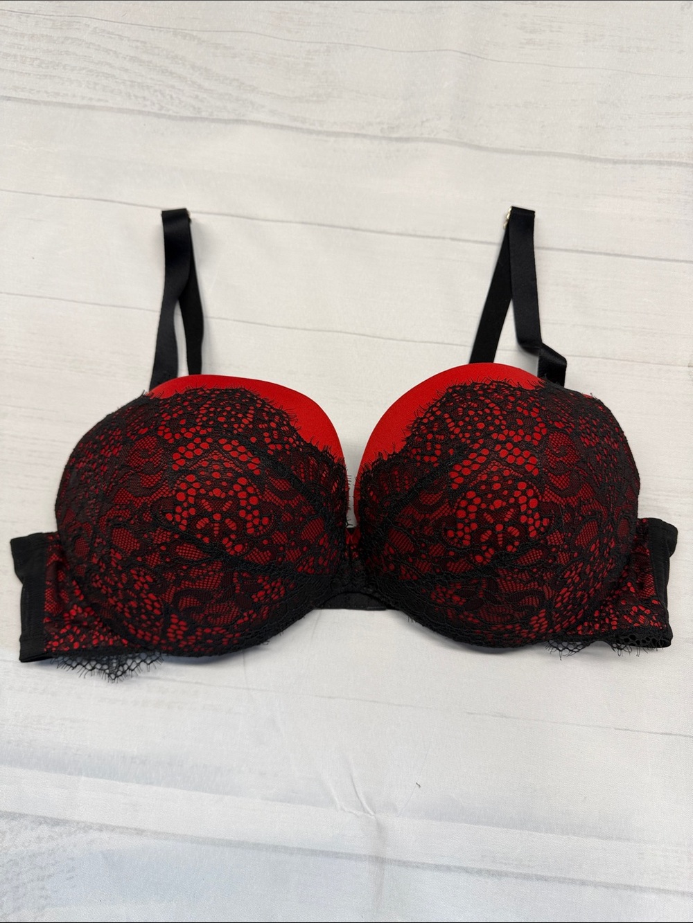 Cacique Red with Black Lace Overlay Max Boost Plunge Bra Size 42D